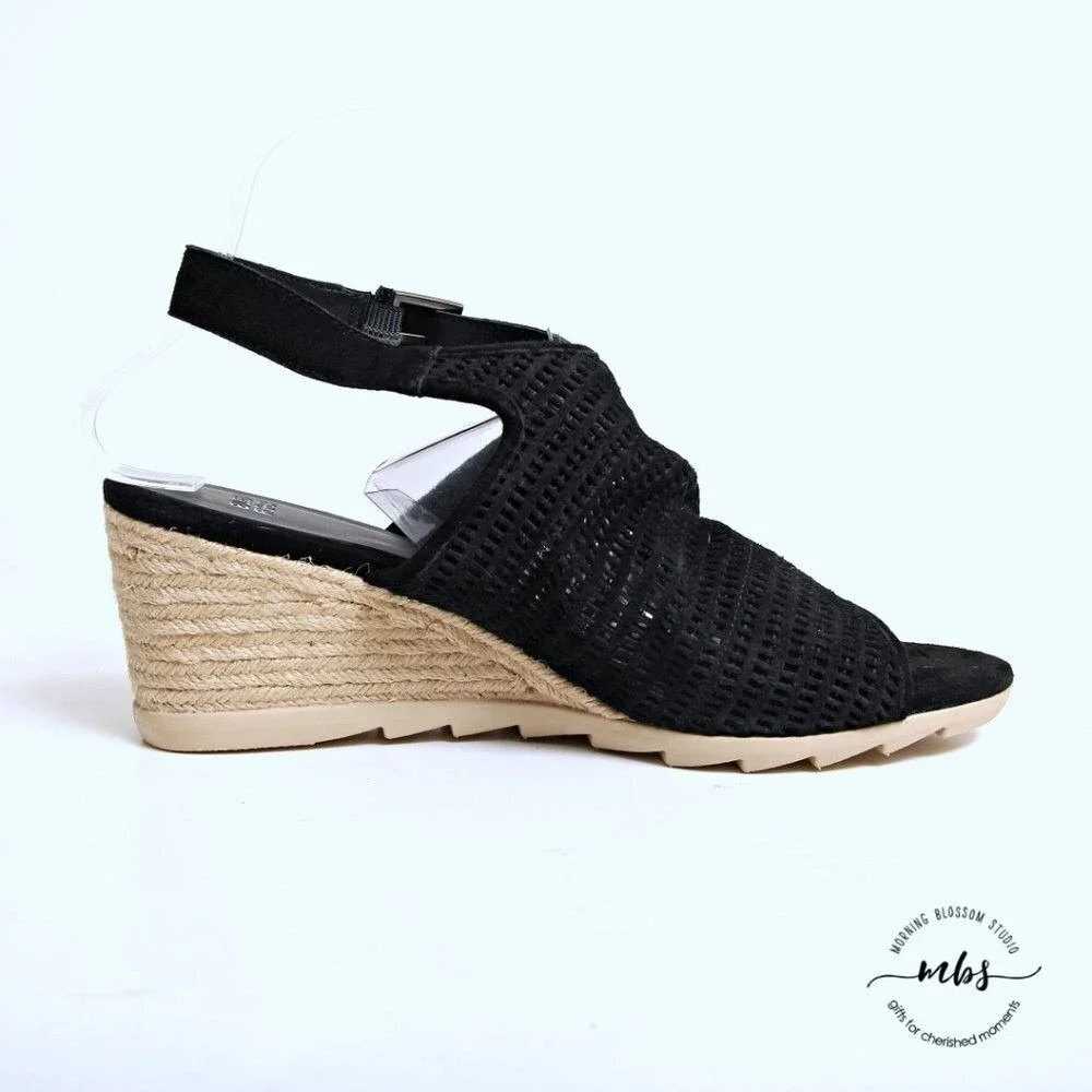 Eileen Fisher Aura Suede Slingback Espadrille Wedges Black‎ Women 9